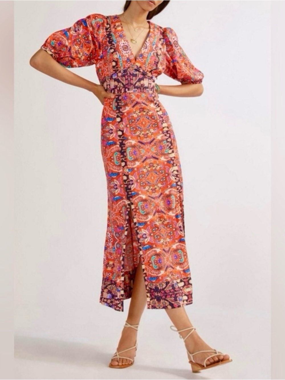 Anthropologie Multi Color Maxi Dress With Slit‎ Puff Sleeves Lightweight Size 2